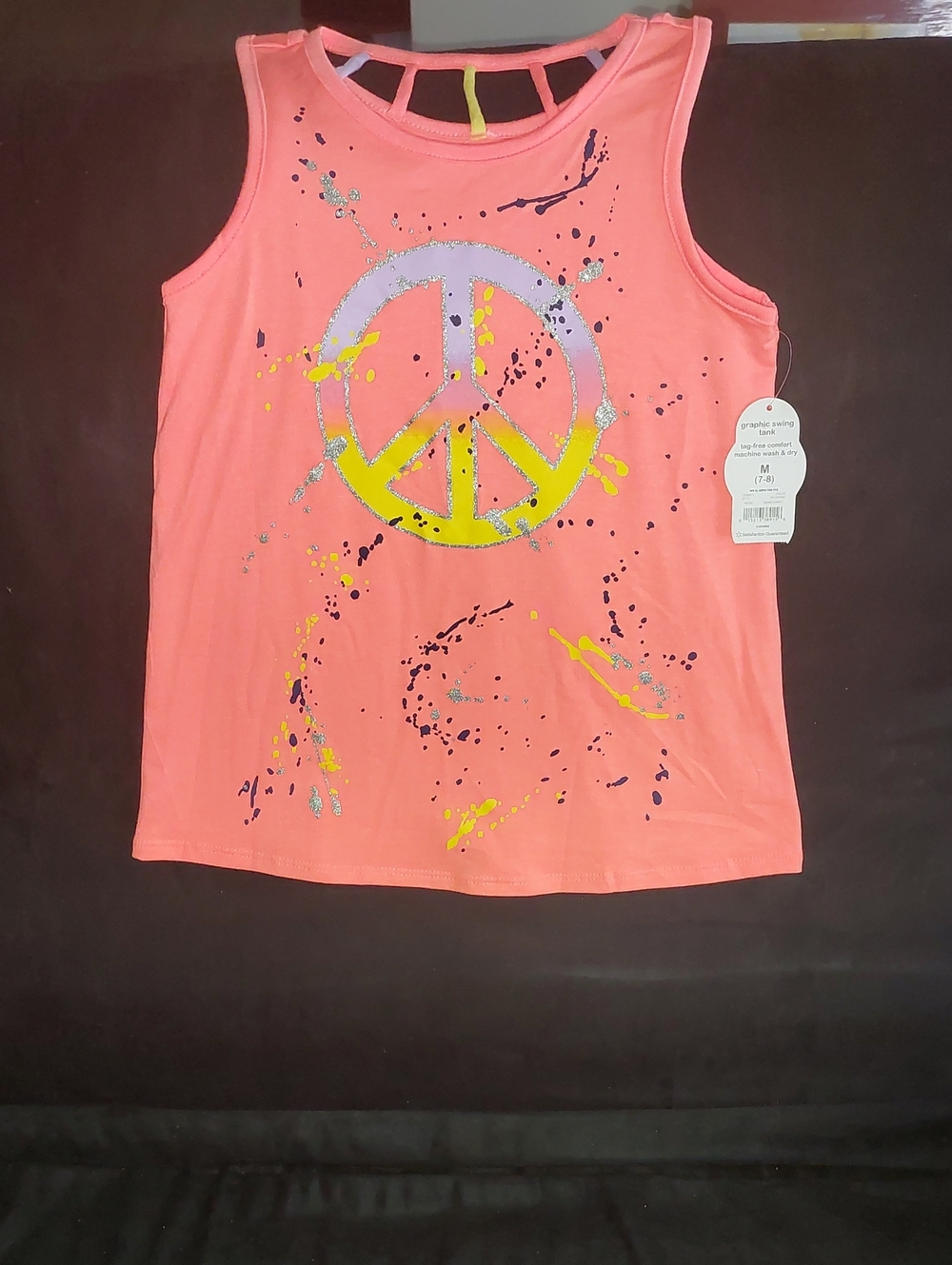 wonder nation Coral Tank with Glitter Peace Sign and Paint Splatter